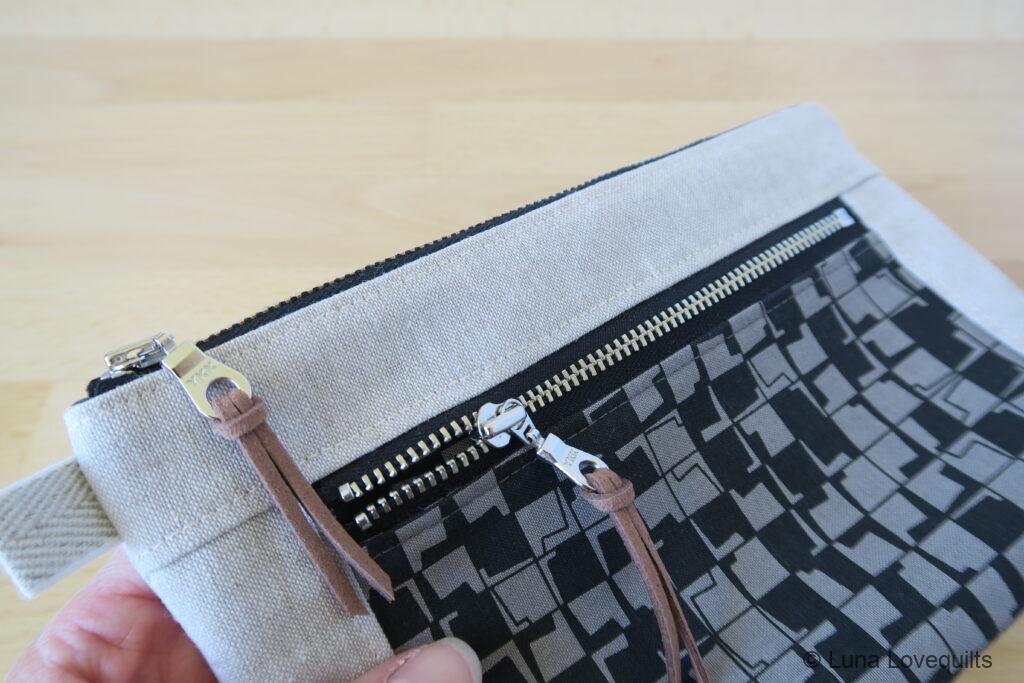 Luna Lovequilts - Devon Pouch pattern by SOTAK - YKK metal zippers and leather zipper pull