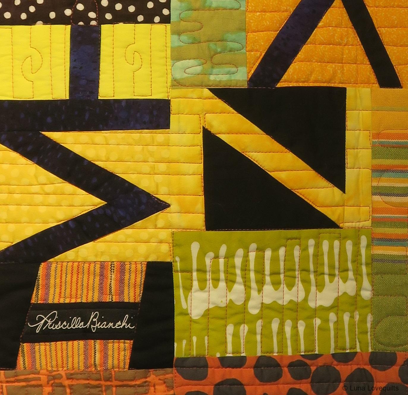 Spelling A-R-T in Yellow Kanji - Quilt by Priscilla Bianchi - Detail